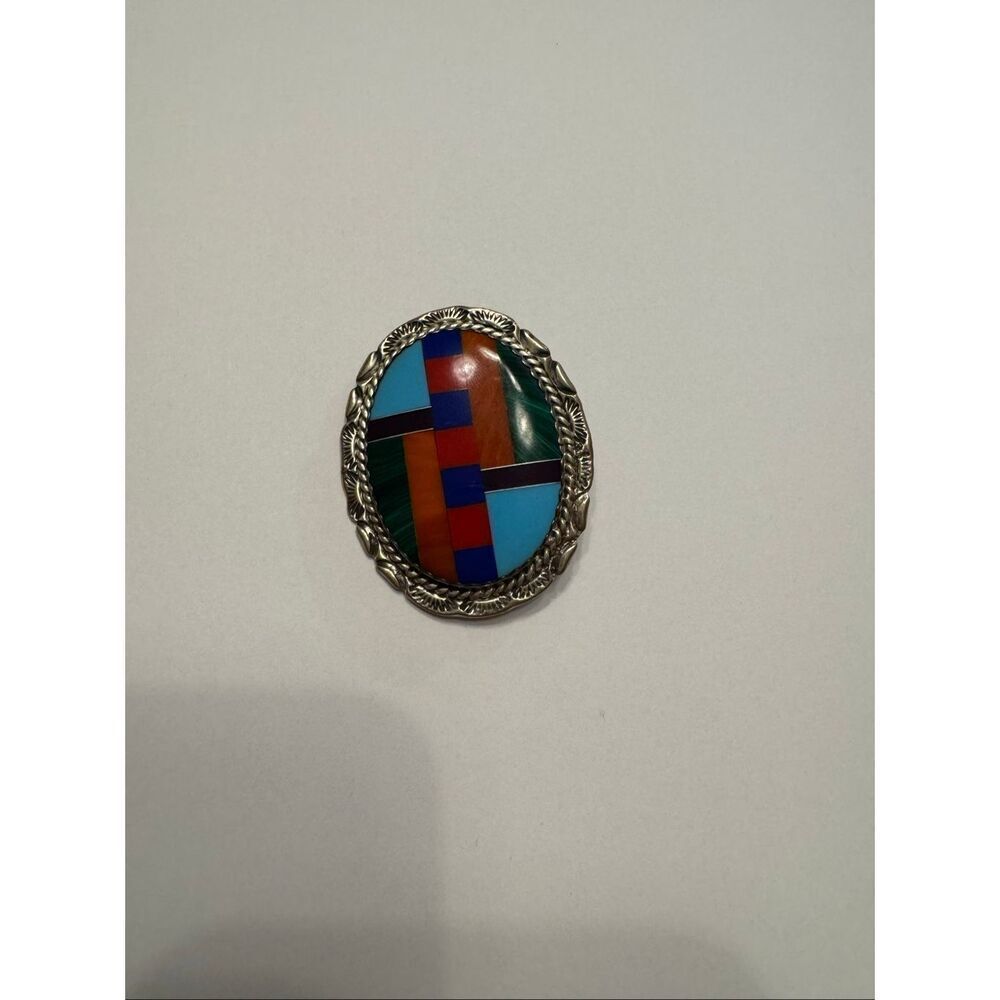 Sterling Silver 925 Edith James Colorful Stone Inlay Broach Pen Pendant Vintage